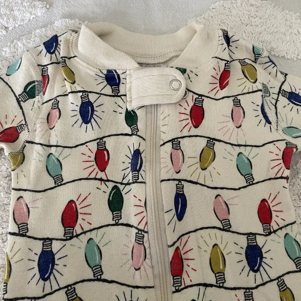 Hanna Andersson Christmas Lights Pajamas Zip Up 12-18 Months 100% Organic Cotton